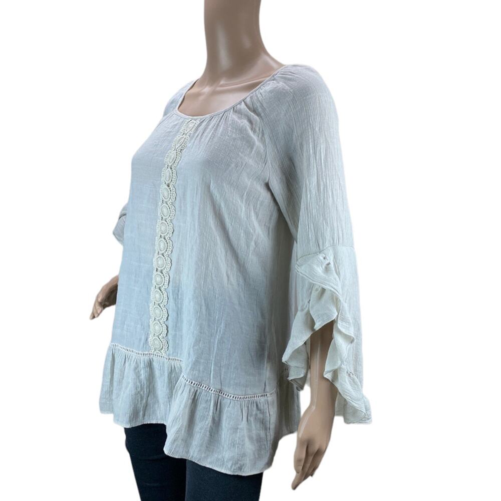 NY Collection Gray Lace Inset Ruffle Sleeve Tunic Top M - Picture 2 of 6